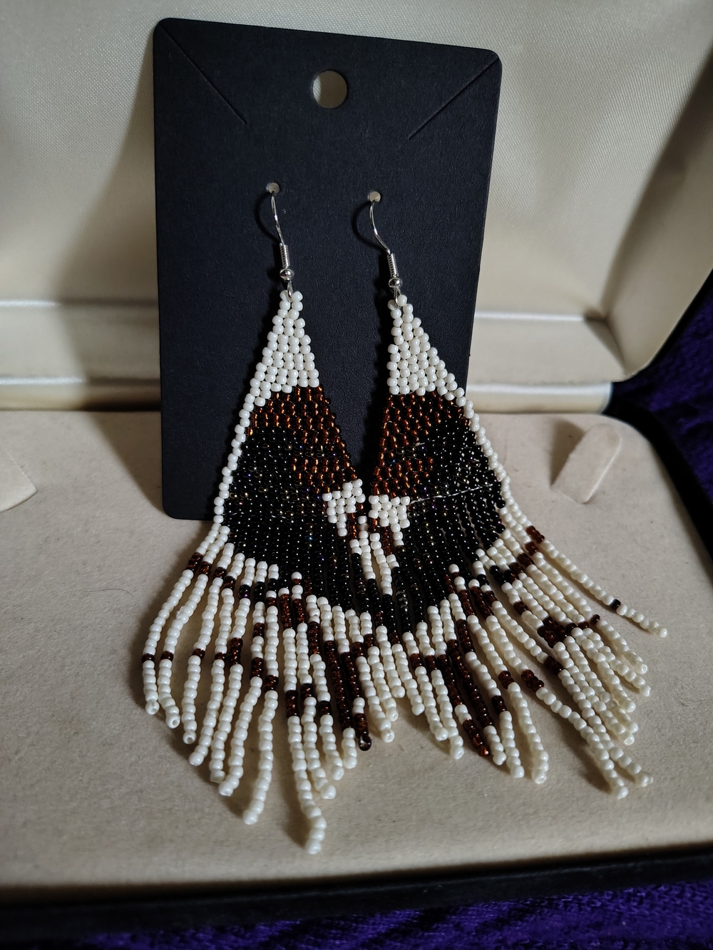 🐦‍⬛New Handmade Crow Spirit Seed Bead Fringe Earrings - Earth Tones Boho🐦‍⬛